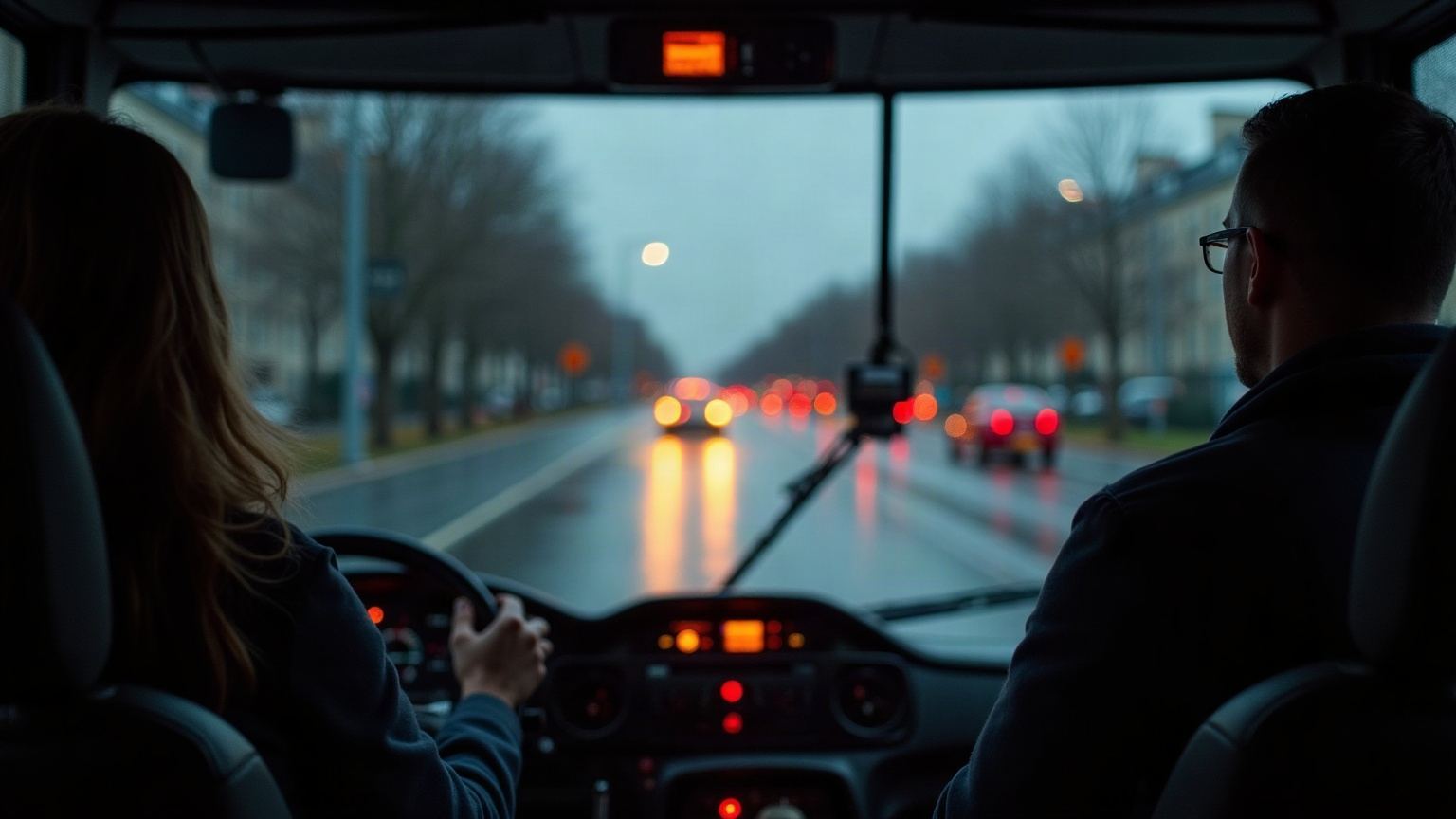 Un conducteur de bus au volant sur une avenue en fin de journée