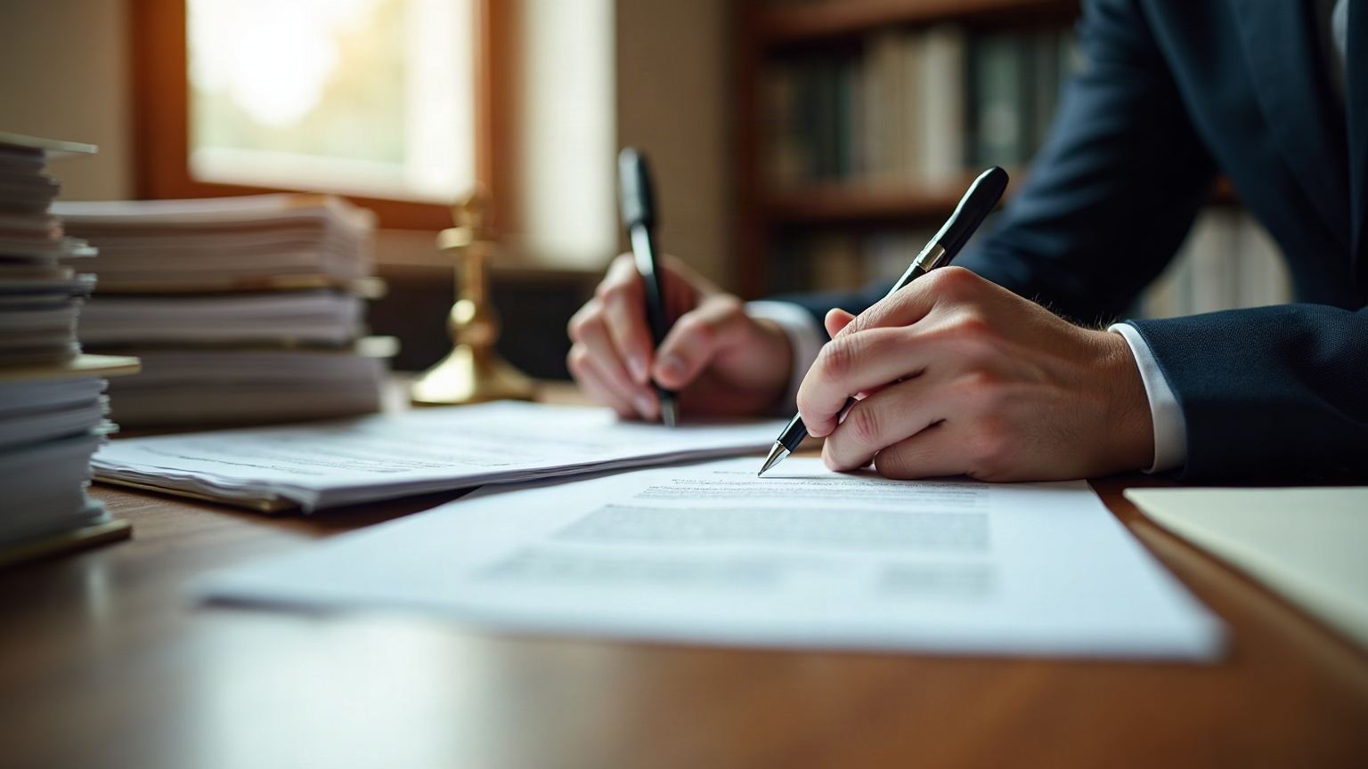 Les mains d'un clerc annotent un acte sur le bureau d'une étude notariale