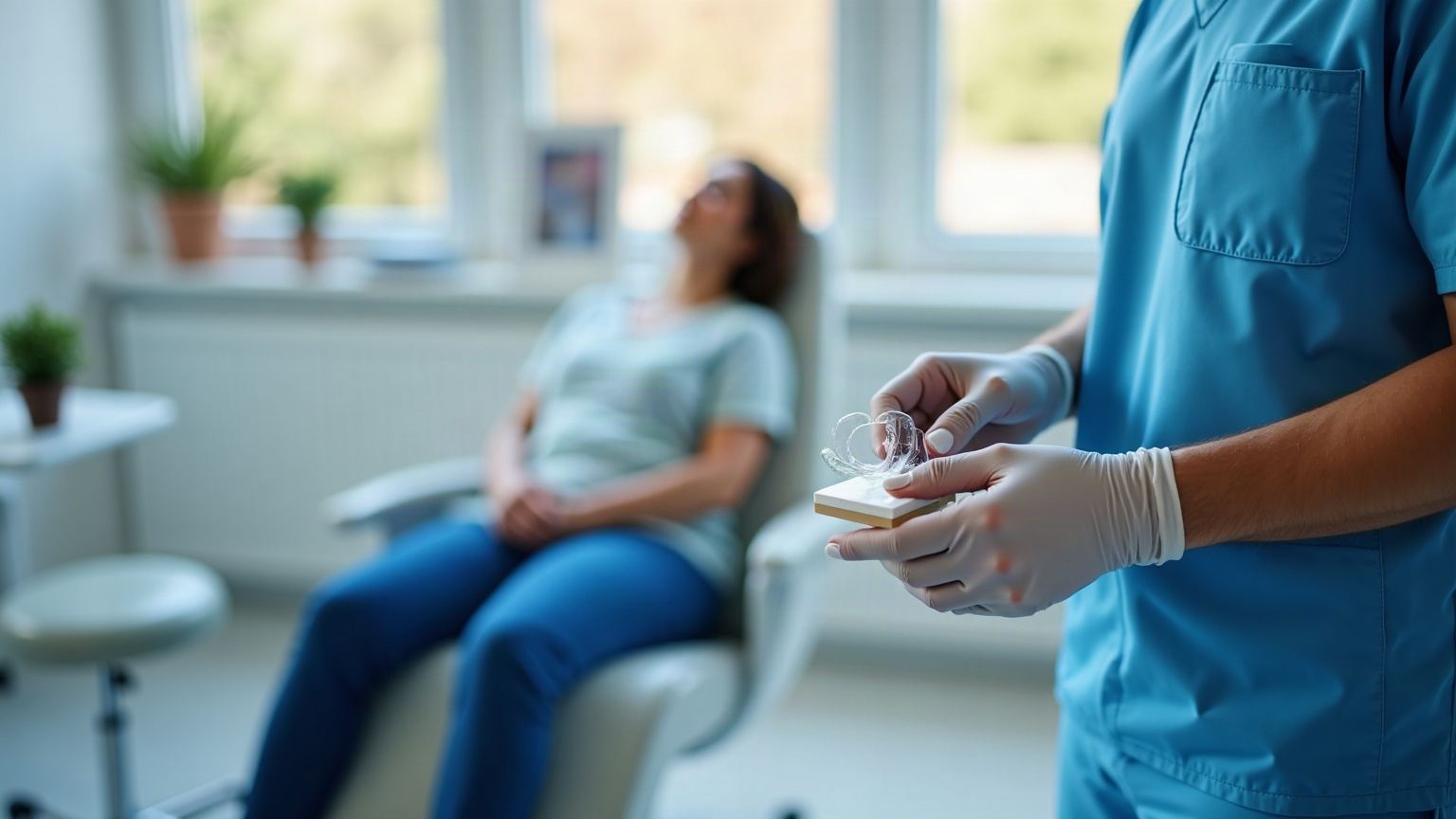 Un orthodontiste examine des gouttières dentaires dans son cabinet