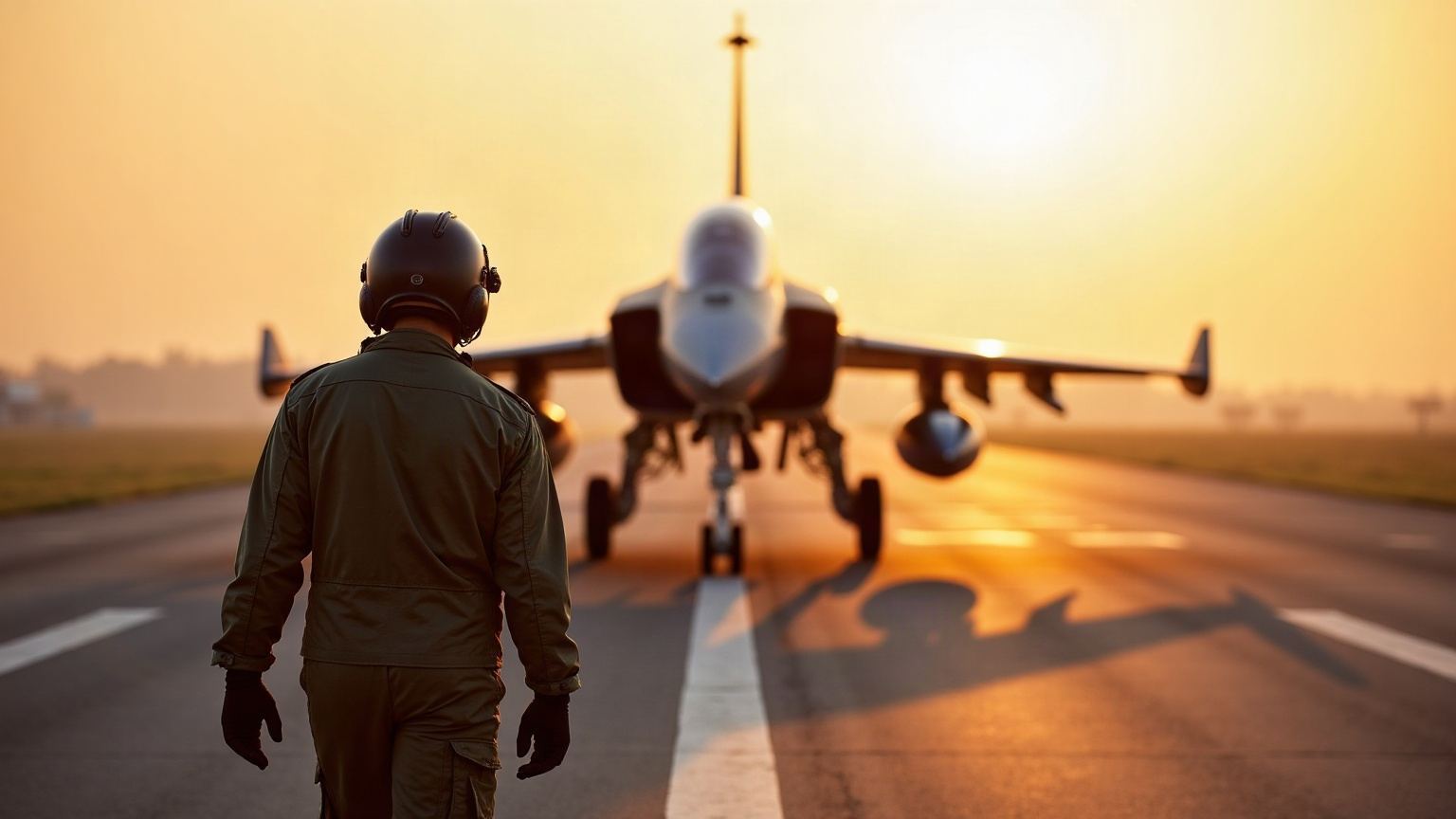 Un pilote de chasse rejoint son appareil sur le tarmac au lever du jour